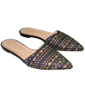 J. Crew Harper Metallic Woven Pointed Toe Flat Mules Loafers - 9.5